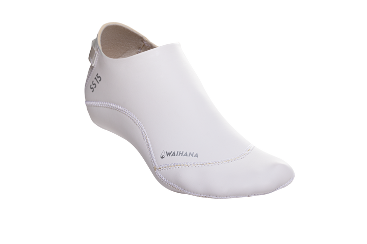 White Waihana SS15 neoprene dive sock with stitched seams and brand logo, shown in profile against a black studio background.