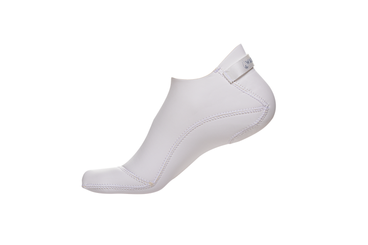White neoprene Waihana dive sock with contrast stitching and branded heel tab, displayed on an invisible foot form against a black background.