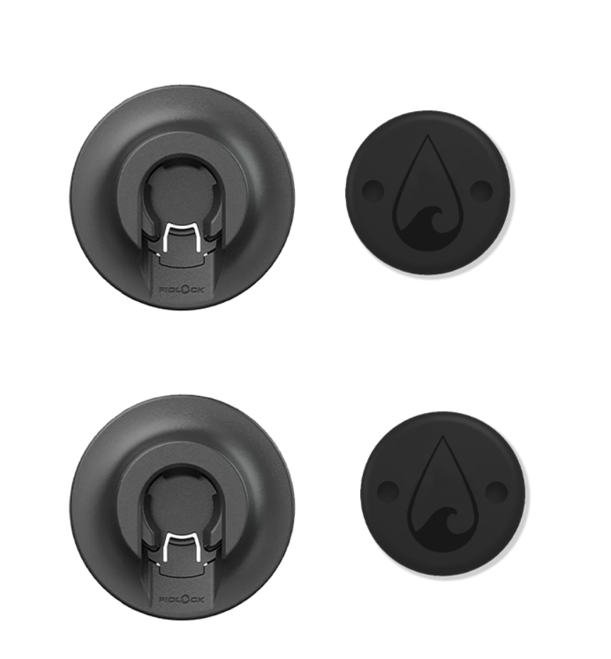 Two sets of Waihana Magnetic Wetsuit Buckle components in black, showing the FIDLOCK mounting bases alongside round branded magnetic discs, displayed on a white background.