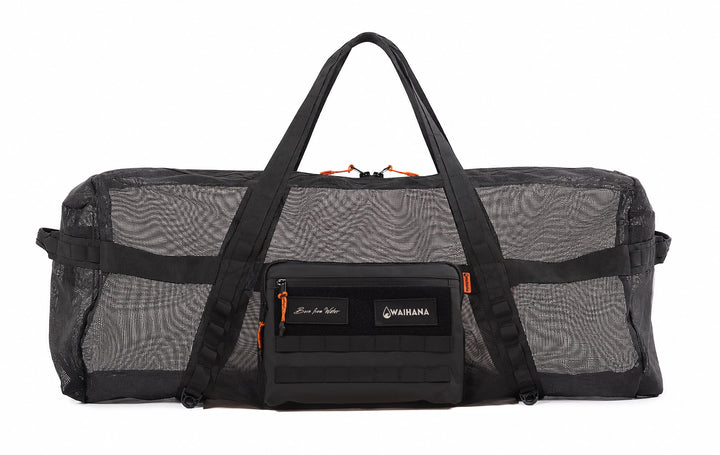 Waihana Expedition Duffel in black mesh with orange zipper pulls, reinforced nylon webbing straps, and a front MOLLE-style zippered pocket displaying the Waihana logo, shown on a white studio background.