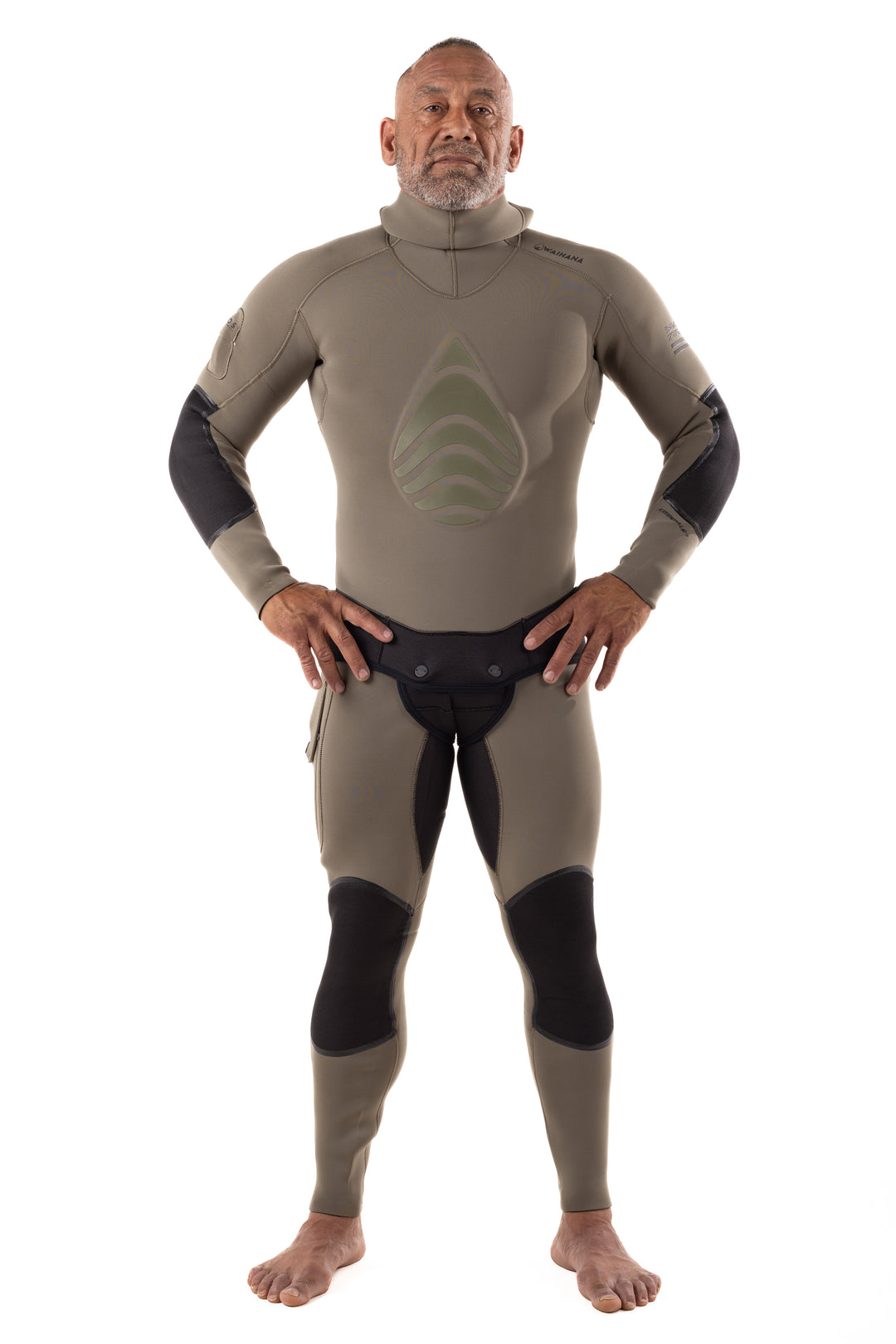 Male model wearing the Waihana Men's Ranger Green Essentials Pro 3.0mm full wetsuit with black accent panels and embossed chest logo, shown from the front against a white background.